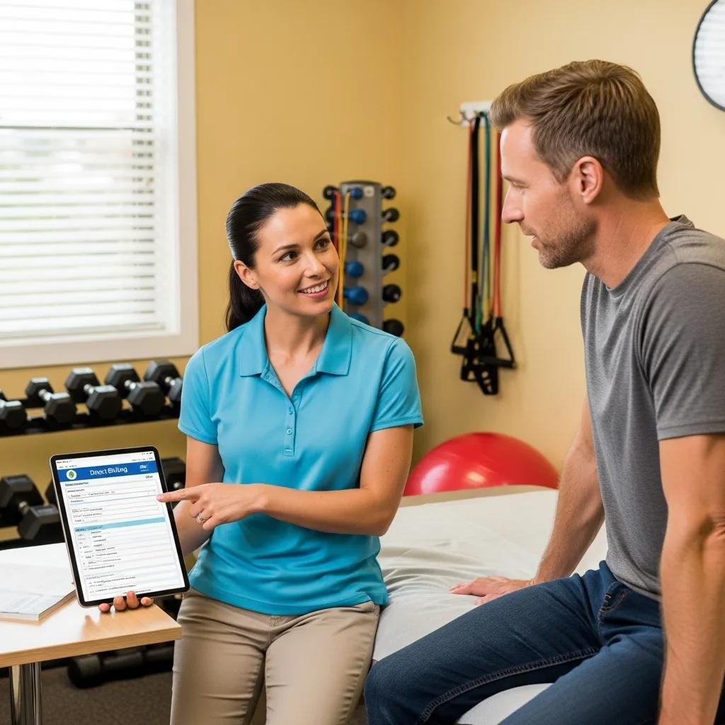 Physiotherapist explaining billing steps to a patient during a consultation